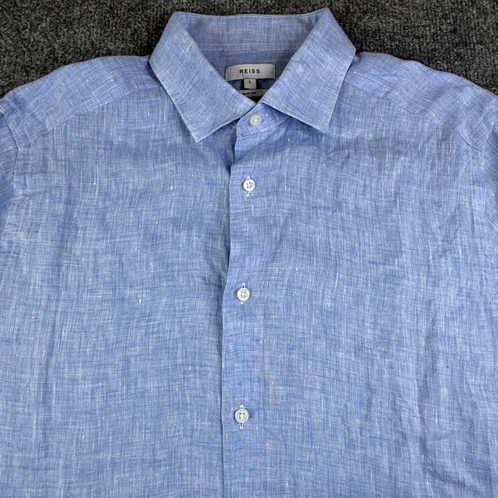 Reiss Button Up Shirt Mens Large Blue Slim Fit Short Sleeve Linen Holiday Shirt